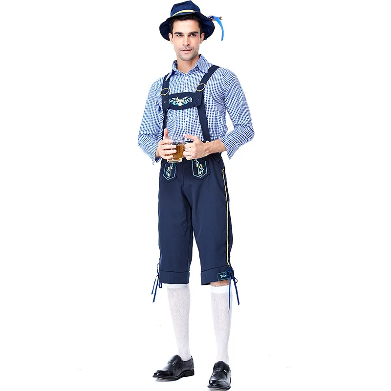 Costume de Bière avec Bretelles Lederhanced Courtes pour Homme, Ensemble Chemise et Chapeau, Tenue de Cosplay d'Halloween, Allemand et Bavarois, Oktoberfest