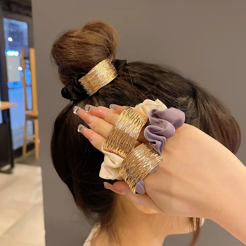 Korean Fashion Metal Buckle Hair Rope Women Satin Hair Scrunchies Elastic Hair Rubber Band Solid Color Ponytail Hair Accessories