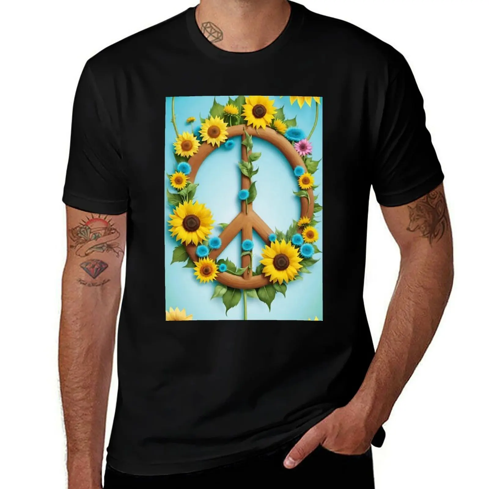 

Sunflower peace sign T-Shirt sports fans topping Luxury man black t-shirts for men
