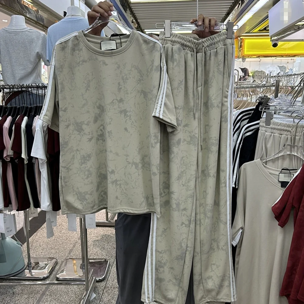 Loose and fashionable T-shirt top + elastic waist wide-leg casual trousers two-piece set-GZTZ101