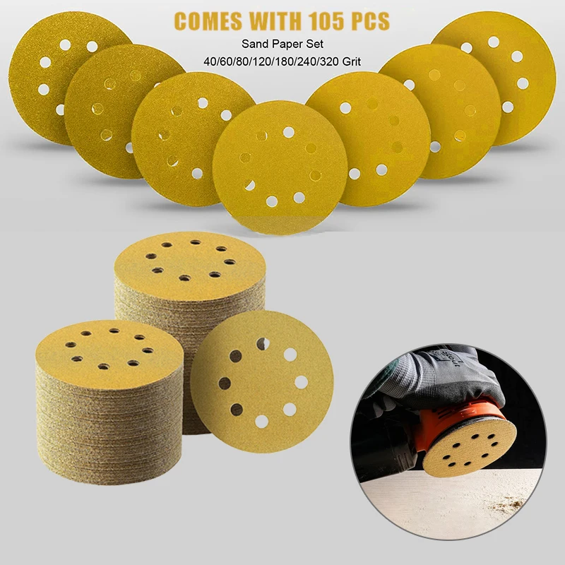 105PCS/1 Set 5 Inch 8 Holes Yellow Sandpaper with  Hook Loop Sanding Disc 60-800 Grits Grinding Disc Abrasive Polishing Tool