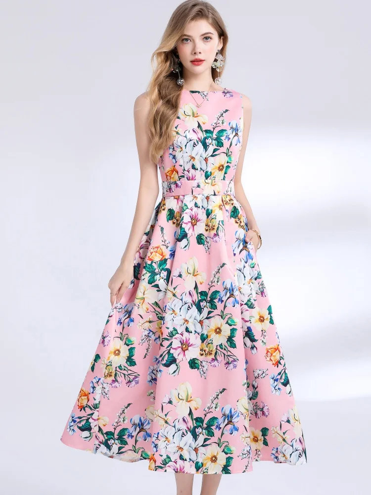 New Fashion Retro Elegant Sleeveless Print Long Dress A-line Casual High Waist Women Summer Pleated Runway Dresses