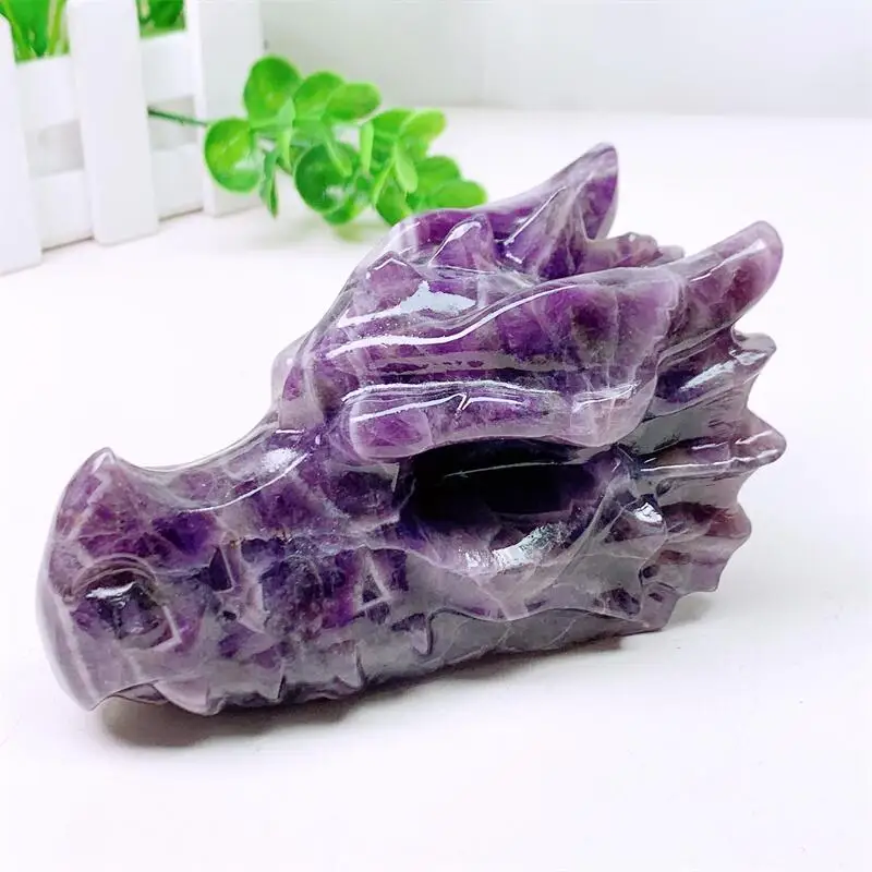 12CM Natural Dream Amethyst Dragon Skull Head Polished Animal Powerful Statue For Home Decoration Gift 1pcs