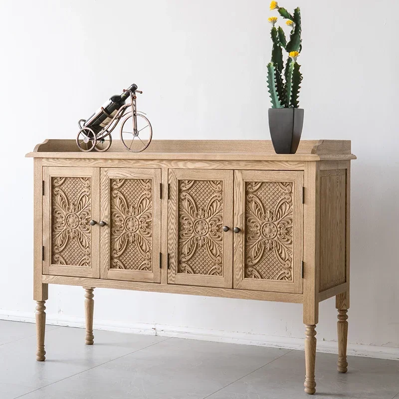 

American Country Carved Dining Cabinet Northern European Style French Retro Simple Solid Wood Ash