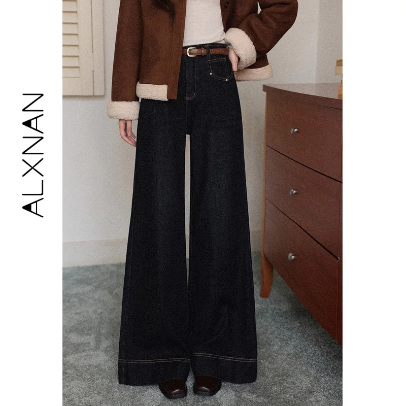 

ALXNAN женские джинсовые джинсы винтажные темно-синие широкие свободные брюки с высокой талией осень-зима повседневные мешковатые брюки женские L59509