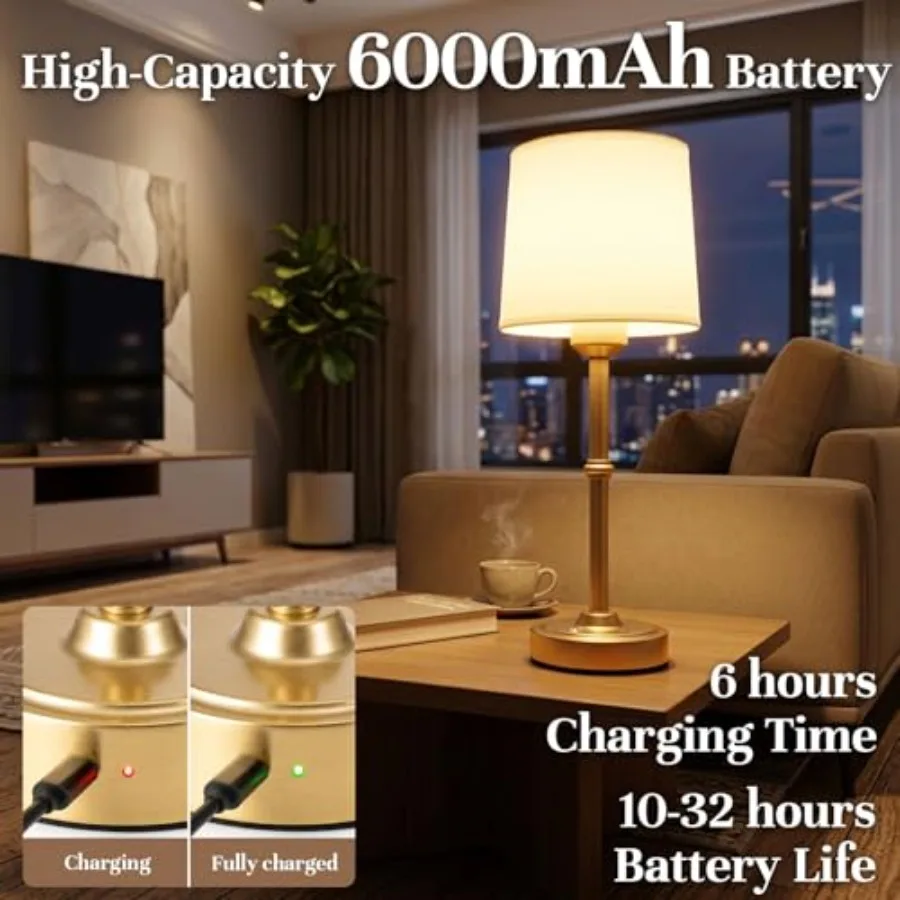 Rechargeable Cordless Table Lamp:6000mAh Battery Operated Light for Living Room, 3000K Warm Light Stepless Dimming Touch Contro