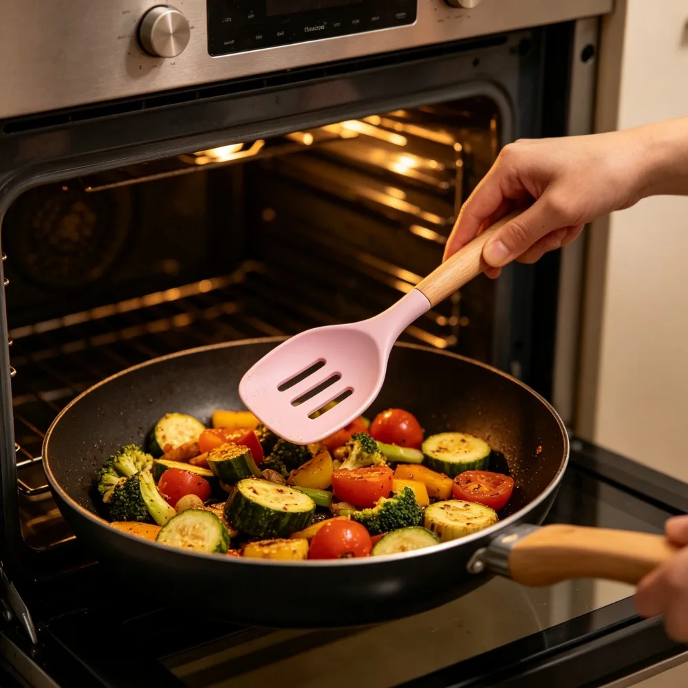 Single Silicone Slotted Spoon with Wood Handle, Heat Resistant Kitchen Straining Spoon for Nonstick Pans