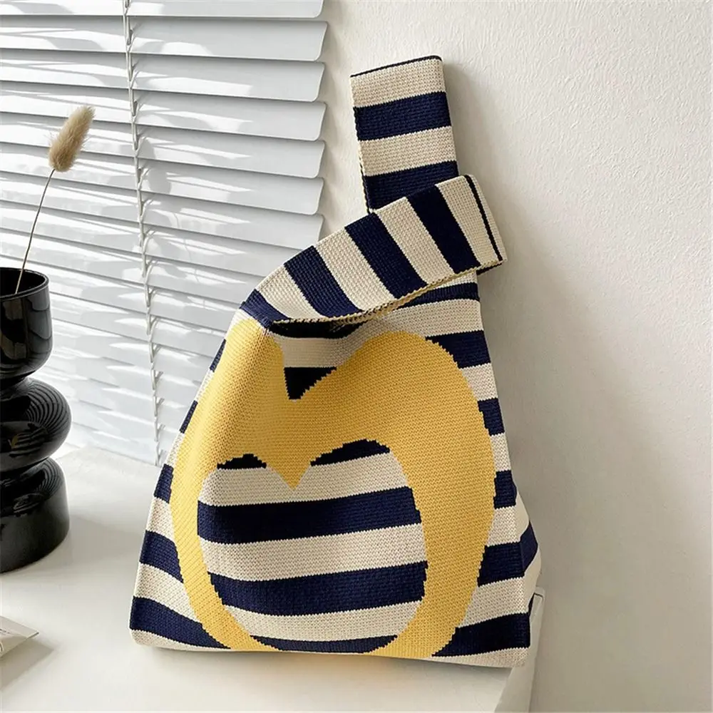 New Love Striped Handmade Knitted Handbag Minimalist Korean Women Mini Knot Wrist Bag Tote Bag Student Reusable Shopping Bags