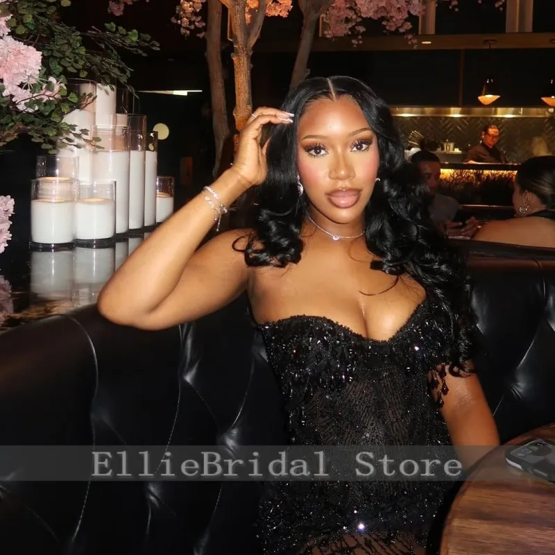 Abito da sera sexy con paillettes nere Abiti da festa tubino con scollo a cuore con perline di cristallo senza maniche Vestido De Festa personalizzato