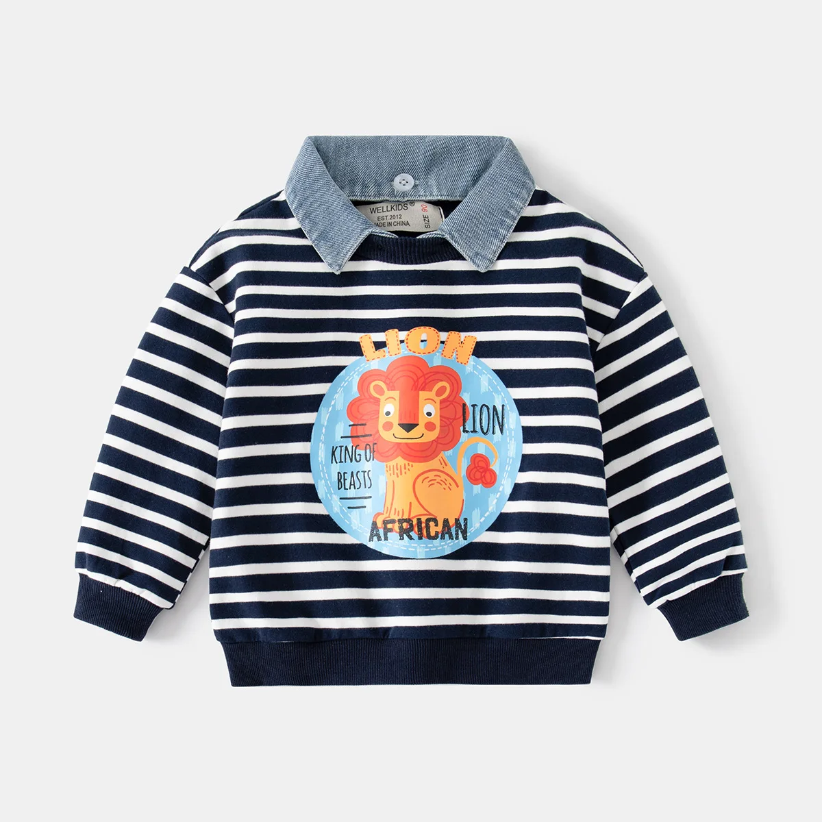 

New Baby Boys Fashion Cartoon Lion Striped Lapel Pullover Sweatshirt Tops Children's Autumn Winter Casual Sweatshirts Clothing