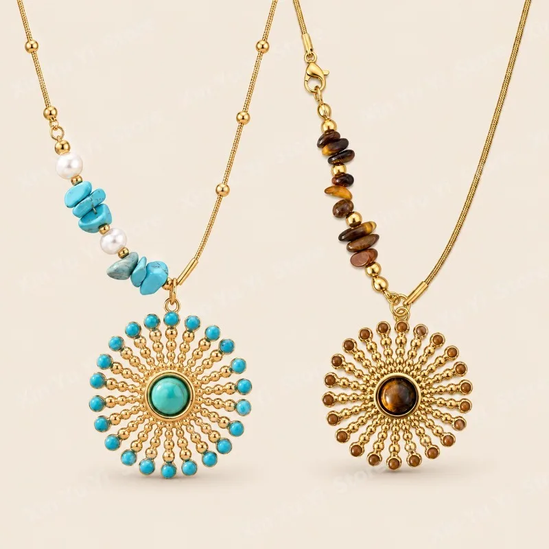 Omen Boho Titanium Steel Necklace Natural Turquoise Tiger Eye Stone Beaded Chain Vintage Stainless Steel Necklaces Jewelry Gift