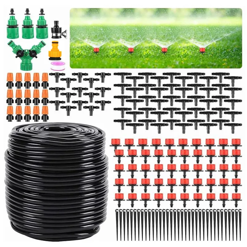 50M Garden Greenhouse Drip Irrigation System Watering Kit w 1/4'' PVC Hose Misting Nozzle Sprinkler Dripper Tee Adaptor