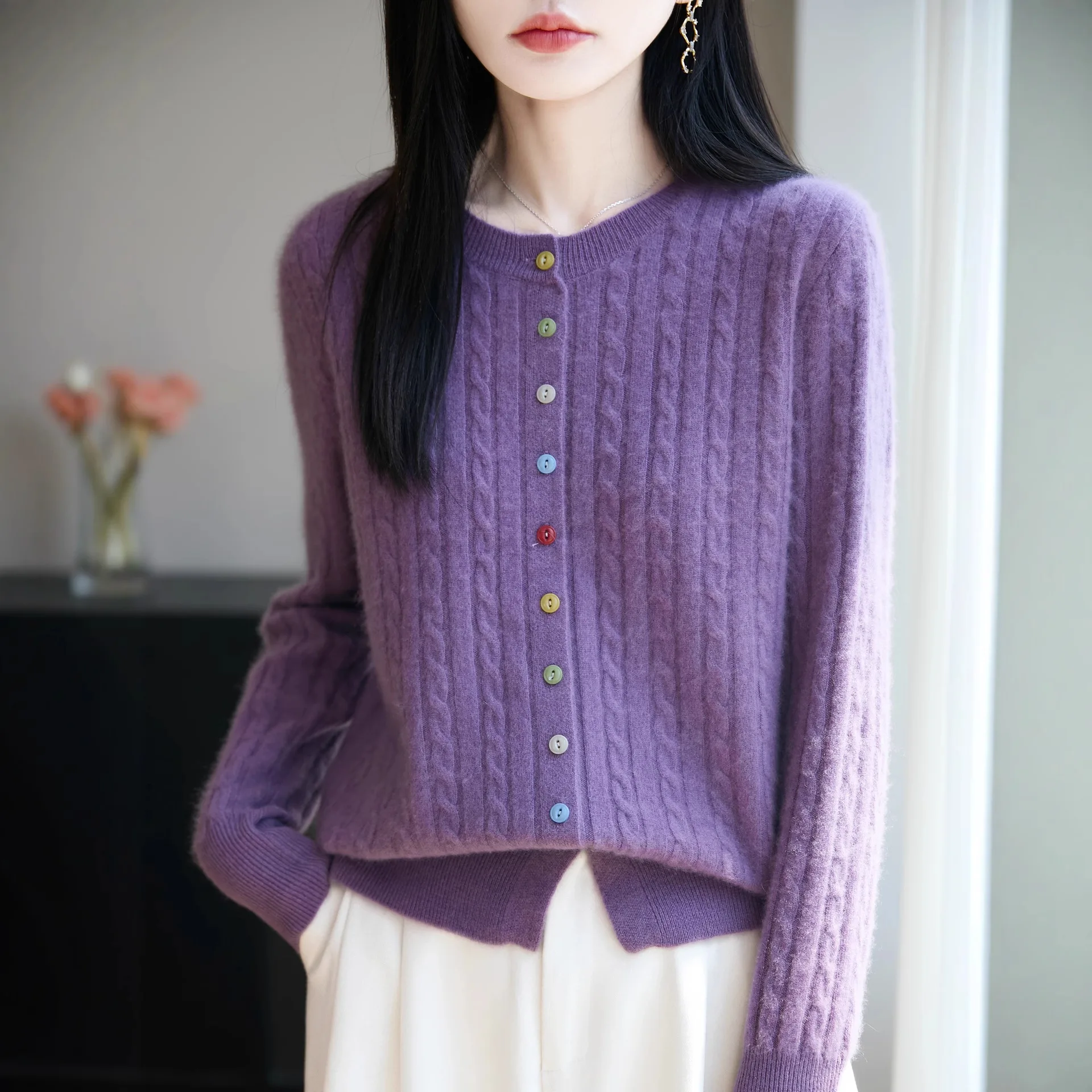 سترات نسائية 100% من الصوف لخريف وشتاء دافئ برقبة دائرية سترة فضفاضة على الموضة الكورية ملابس خارجية محبوكة واحدة الصدر