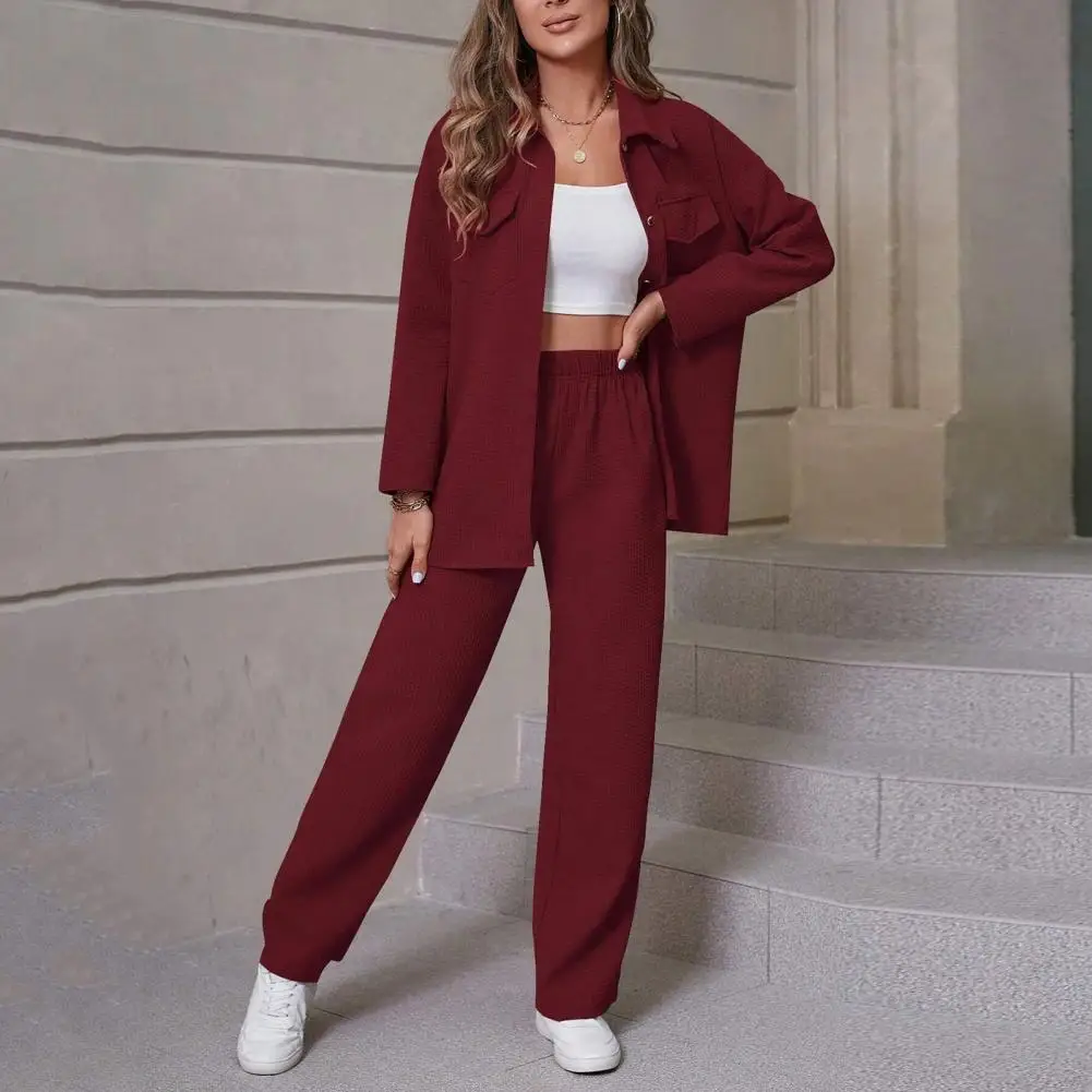 Women Suit Set Elegant Women's Shirt Pants Set with Lapel Button-down Blouse Elastic Waist Trousers Office Wear Outfit for Fall