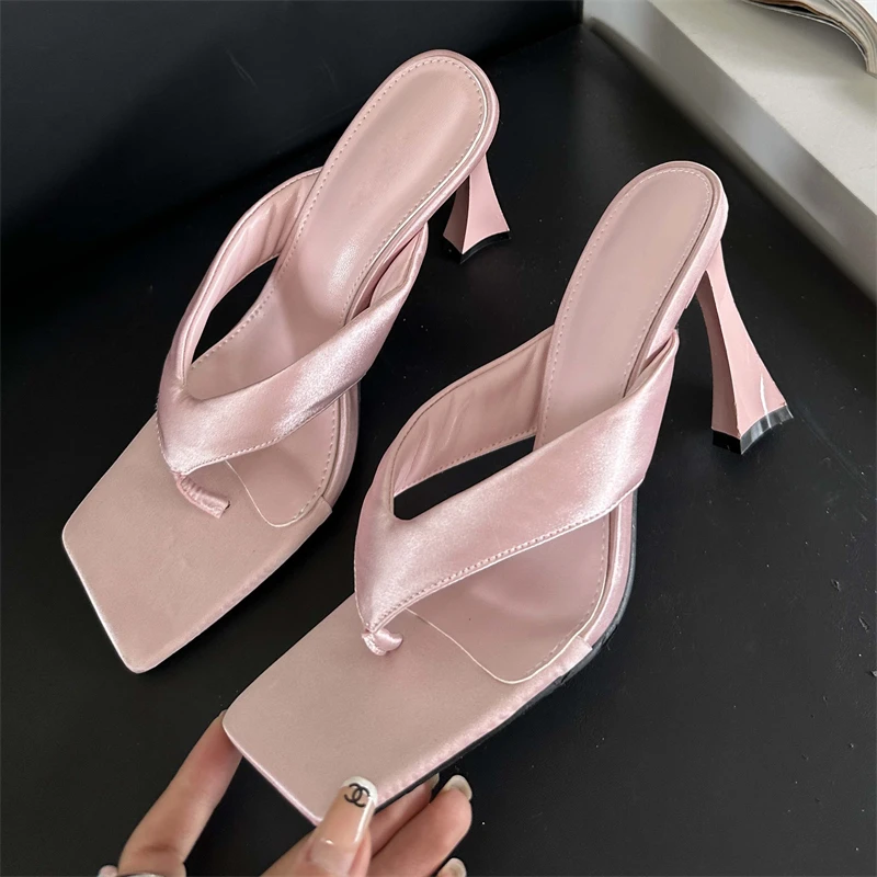 Eilyken 2024 Summer Square Clip Toe Slippers Women High Heels Casual Slides Sandals Fashion Flip Flops Ladies Shoes