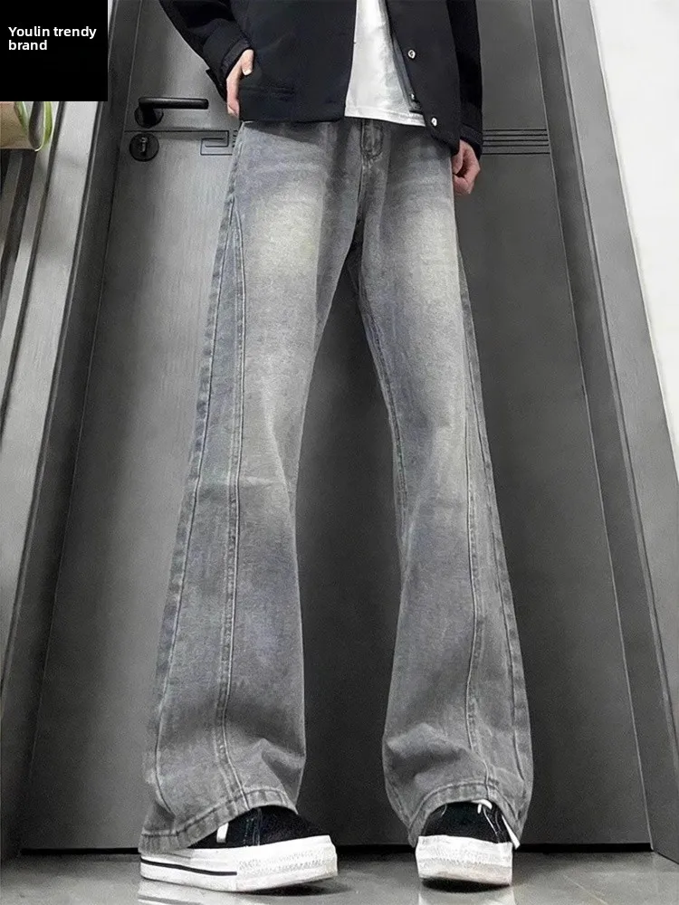 

Blue American Sle Slanted Cut Thiened Fce Men's Jeans Winter High Street Vibe Trendy Brand Knife Flared Pants