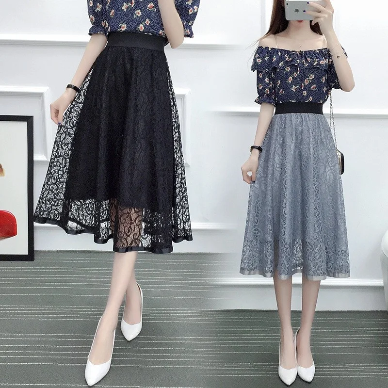 

Ele Lace Hollow out Full Skirt mid Waist Midi Puffy f Skirt Spring Summer New Sle Polyester Fiber Busin Home Use