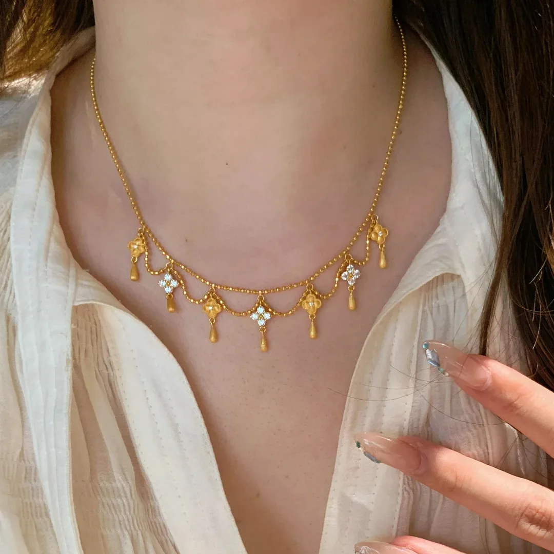 S925 Sterling Silver Teardrop Pendant Necklace Women Vintage Matte Clavicle Chain Premium Jewelry