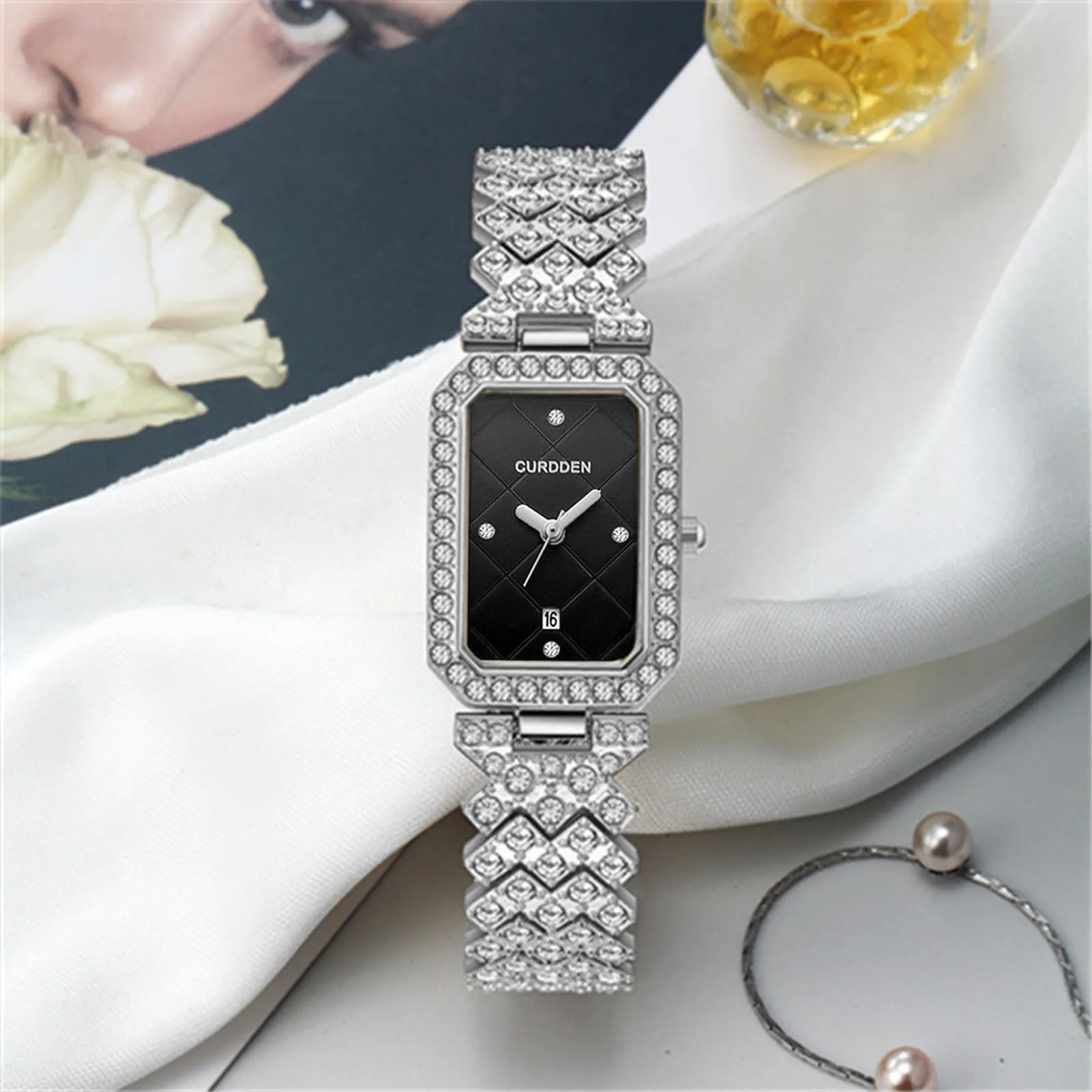 Women\'s Fashion Luxury Exquisite Full Diamond Casual Versastile Alloy Stainless Steel Band Strap Watch Rectangular Dial Wrist