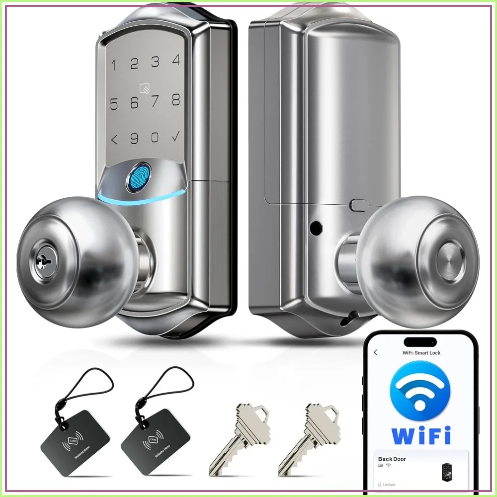 Built-in Wi-Fi Smart Lock with Knob, Fingerprint Keyless Entry, App Remote & Voice Control, Electronic Digital Keypad for Front Door and Bedroom, IP65 Waterproof, Satin Nickel