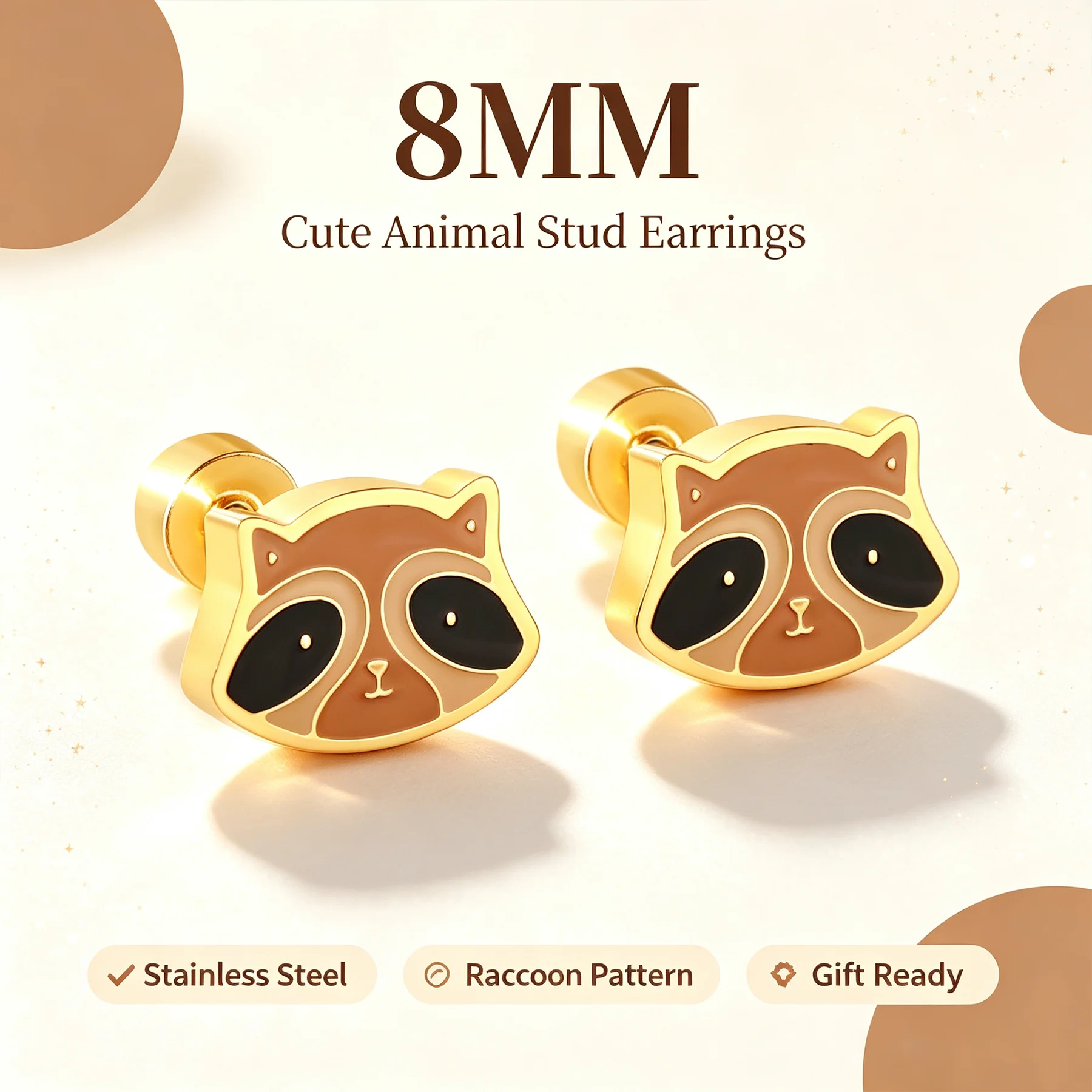 Cute Raccoon Enamel Screw Stud Earrings Gold Stainless Steel Cartilage Piercing Earrings Lovely Animal Jewelry For Women