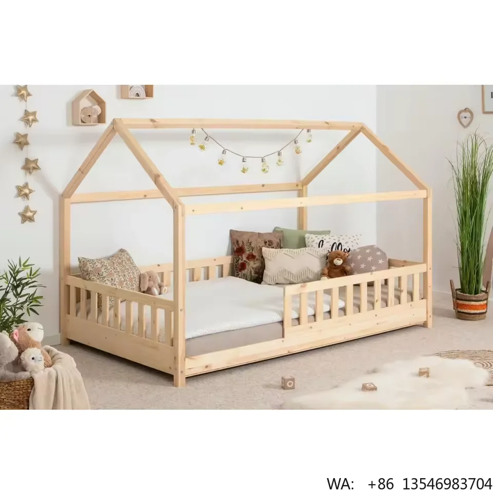 

Montessori House Bed Children Wood Babi Bed Kids' Babies' Bedding Modern Simple Wood Frame Floor Kids Bed With Guardrail