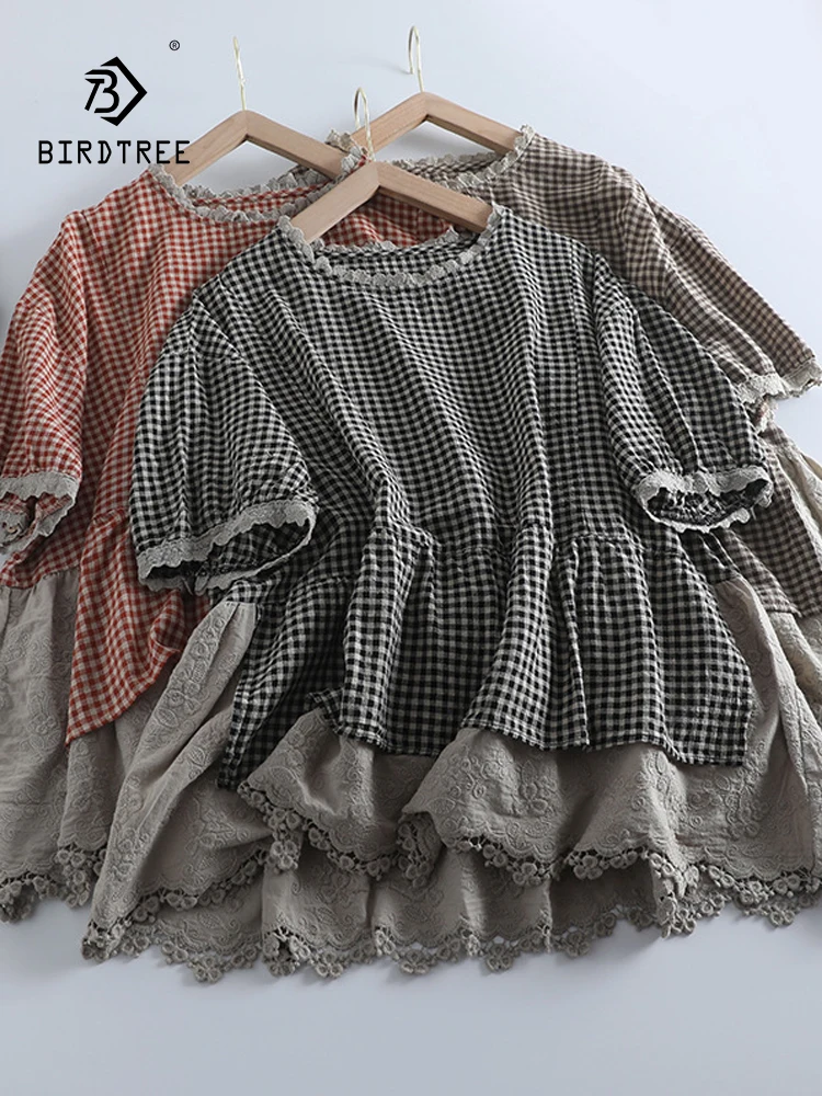 

New Spring Cotton Plaid Shirt Women O Neck Short Sleeve Loose Retro Top Girl Literature Ruffled Edge Blouse 2024 Autumn T44515QC