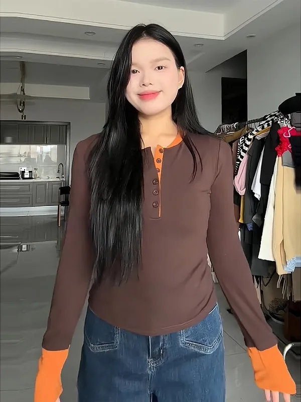 

Женская футболка больших размеров с длинным рукавом и цветными вставками, осенне-зимняя, приталенного кроя, повседневная, для ношения под одеждой