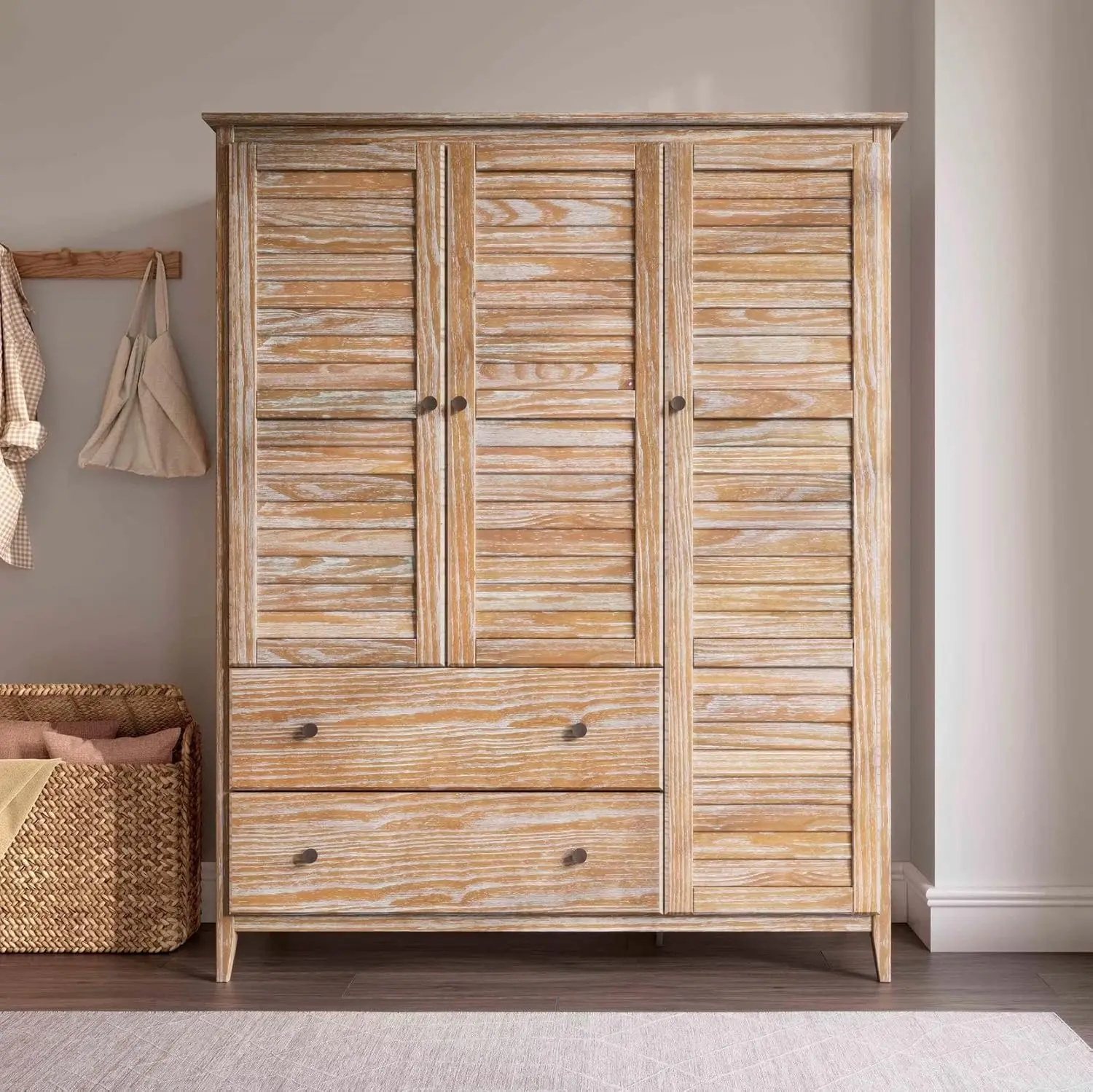 Greenport 3-Door Wardrobe, Solid Wood With Brushed Driftwood Finish