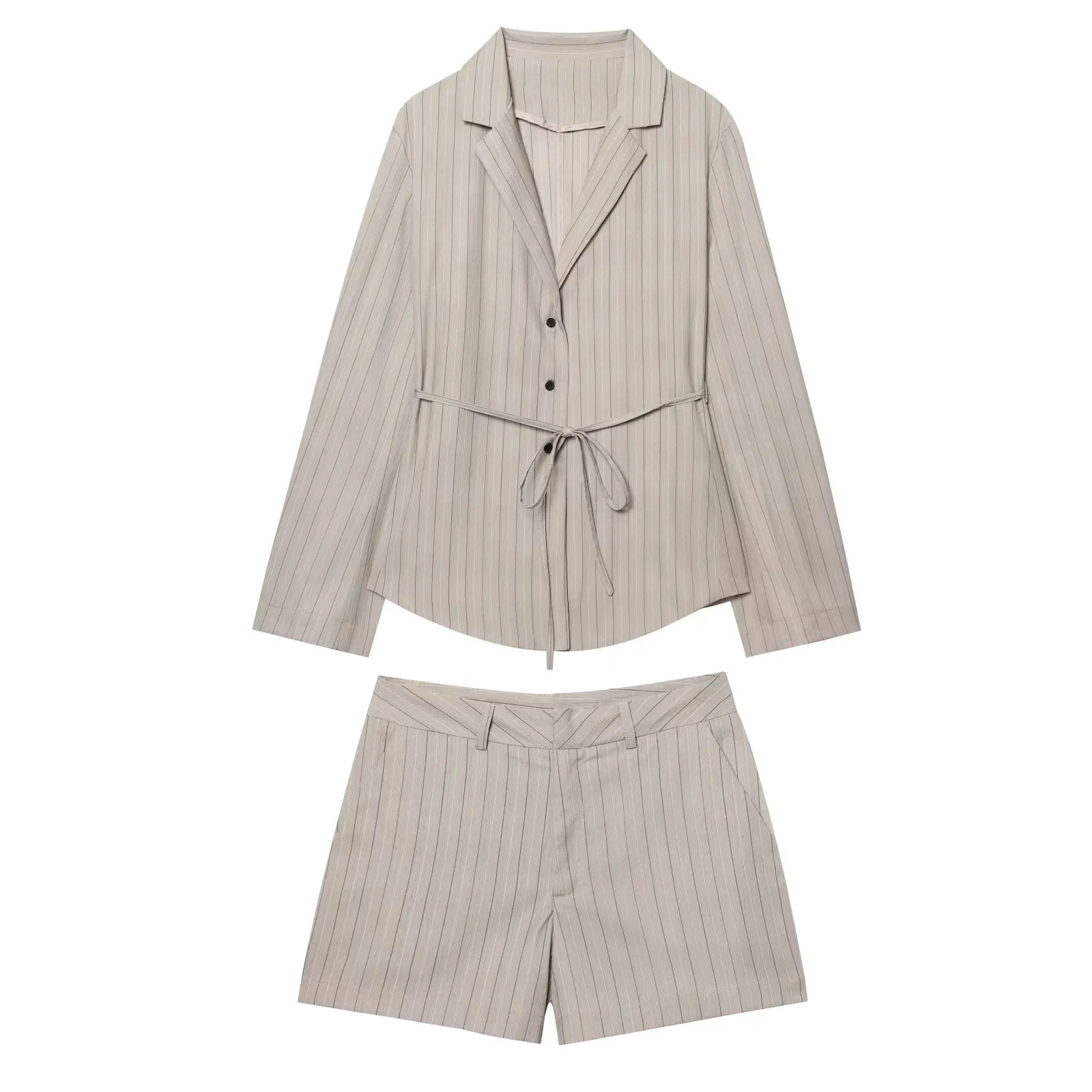 

Women's new fashion with Belt casual single breasted striped suit coat long sleeved women's coat chic top+Shorts suit