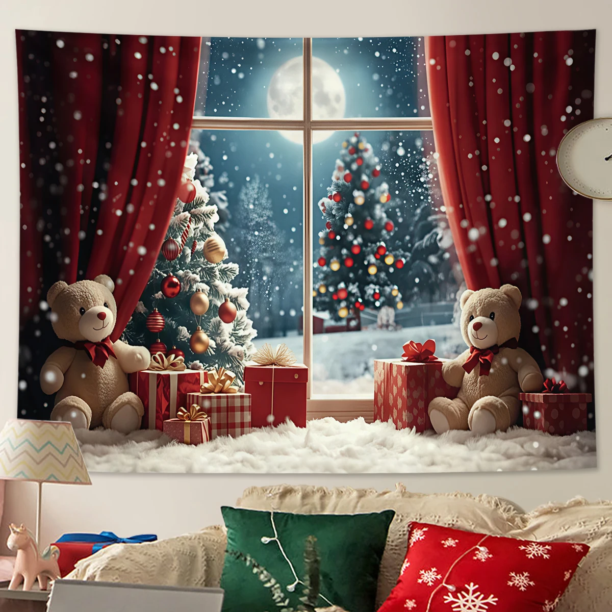 1pc Christmas red curtain teddy bear gift pattern tapestry, New Year photography background tapestry, aesthetic wall hanging,