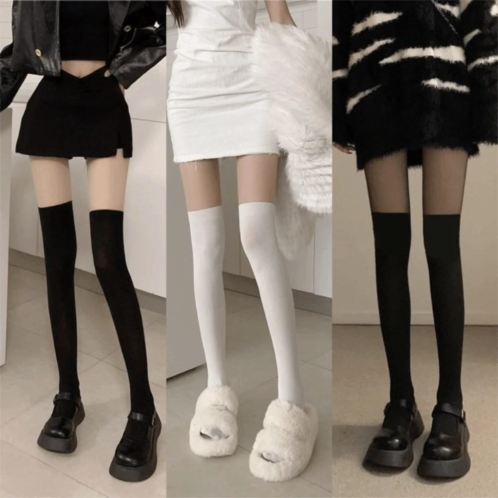 Fashion Sexy Thigh High Pantyhose Velvet Texture High Elasticity Fake Stockings Patchwork Over Knee Stockings Y2K