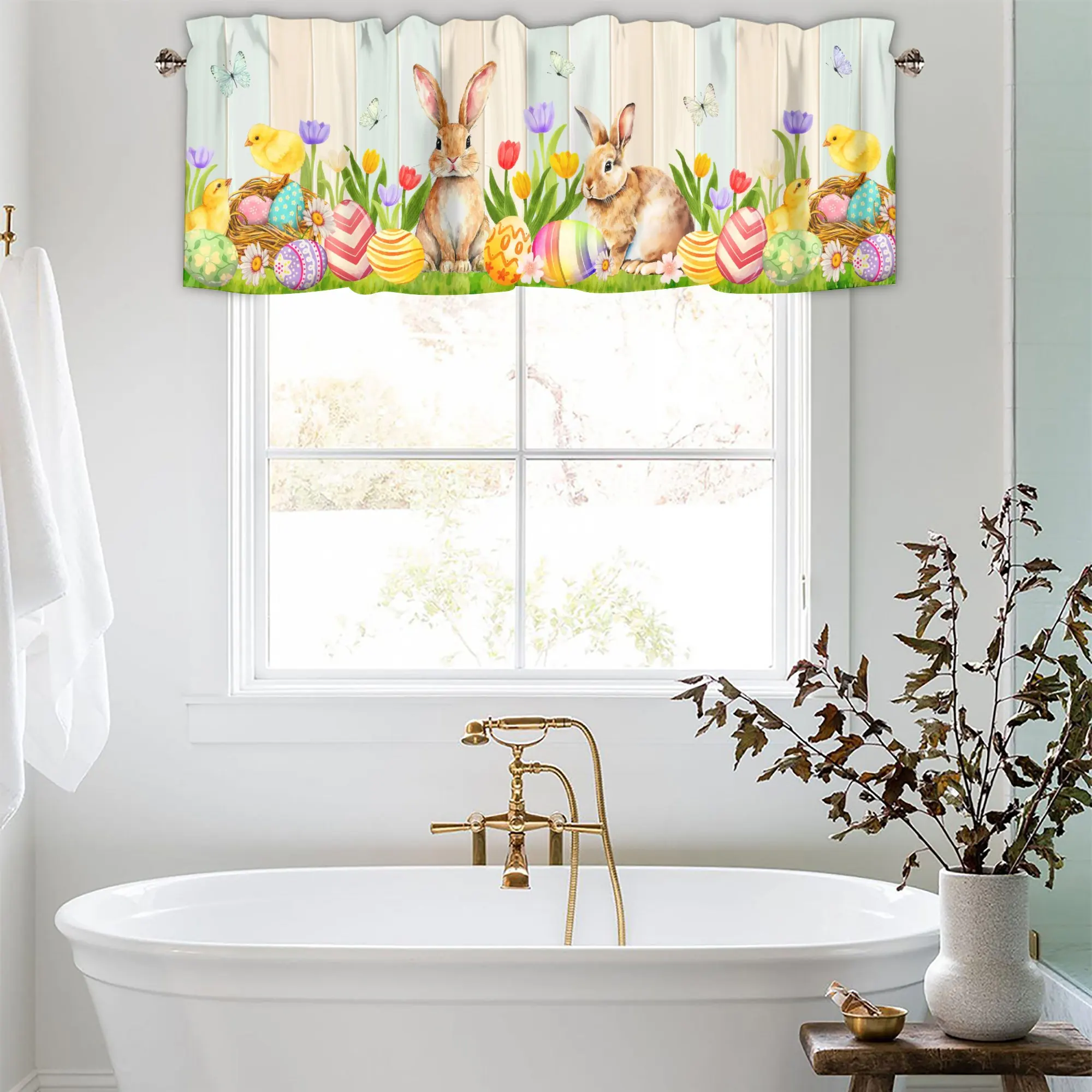 Easter Bunny Window Valance Curtain Flower Rabbits Rod Pocket Kitchen Valances Happy Easter Short Curtain Windows