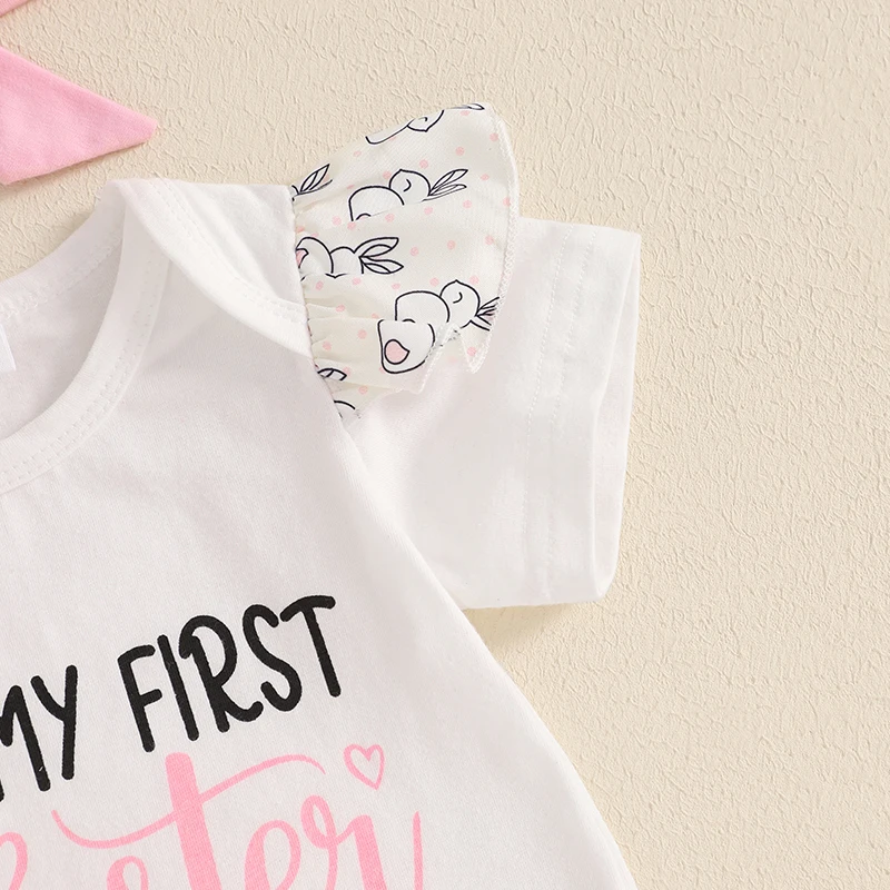 Adorabile completo pasquale per bebè con pagliaccetto con stampa di coniglietti, pantaloncini con volant, fascia per capelli e calzini lunghi - Set da 4 pezzi per la tua bambina