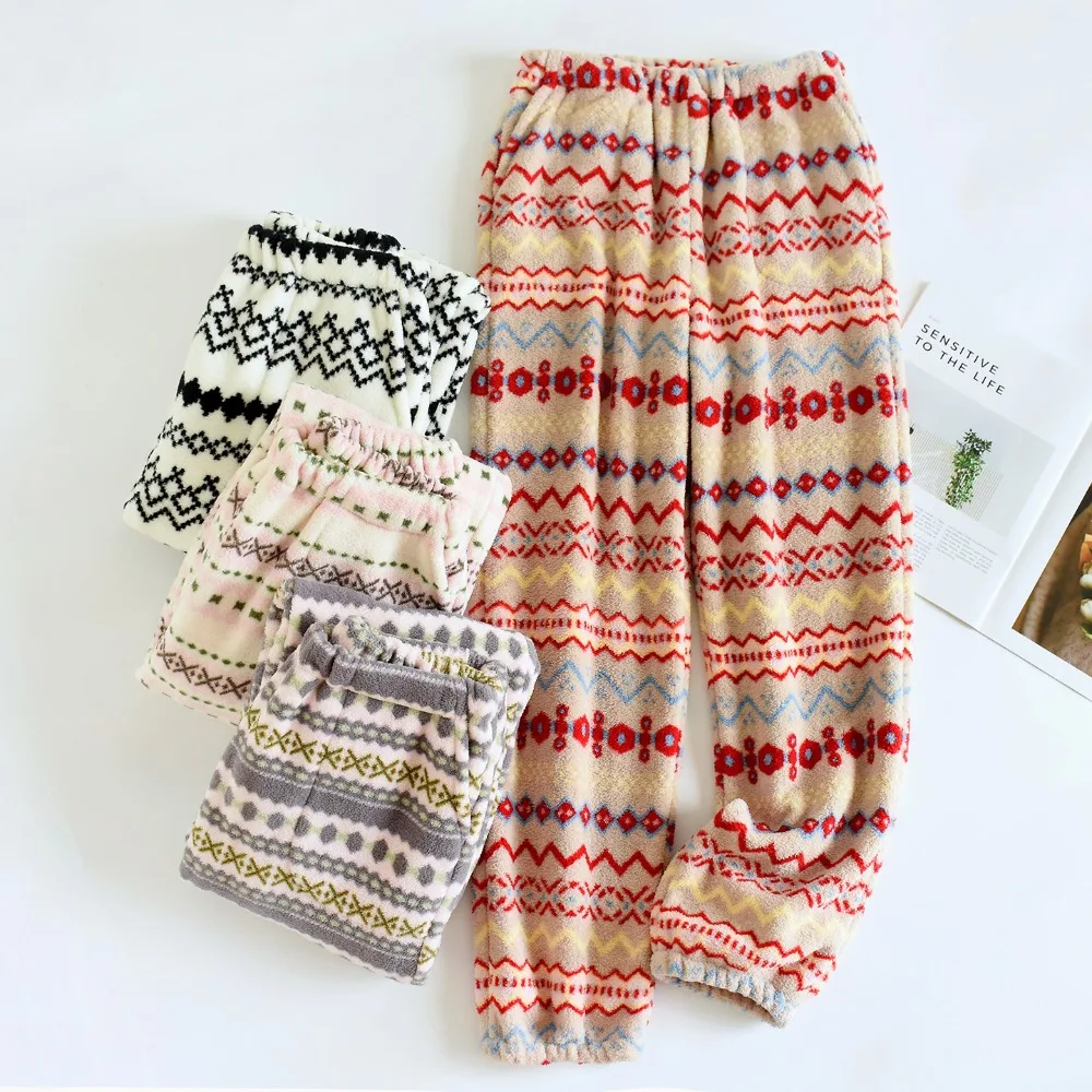 Flannel Thick Warm Pajama Pants for Women Soft Home Sleepwear Lounge Wear Autumn Winter Print Loungewear for Sleeping Pants