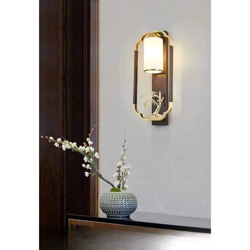 Four Seasons Home New Chinese Wall Lamp Living Room Sofa Background Wall Lamp Corridor Solid Wood All Copper Bedside Lamp