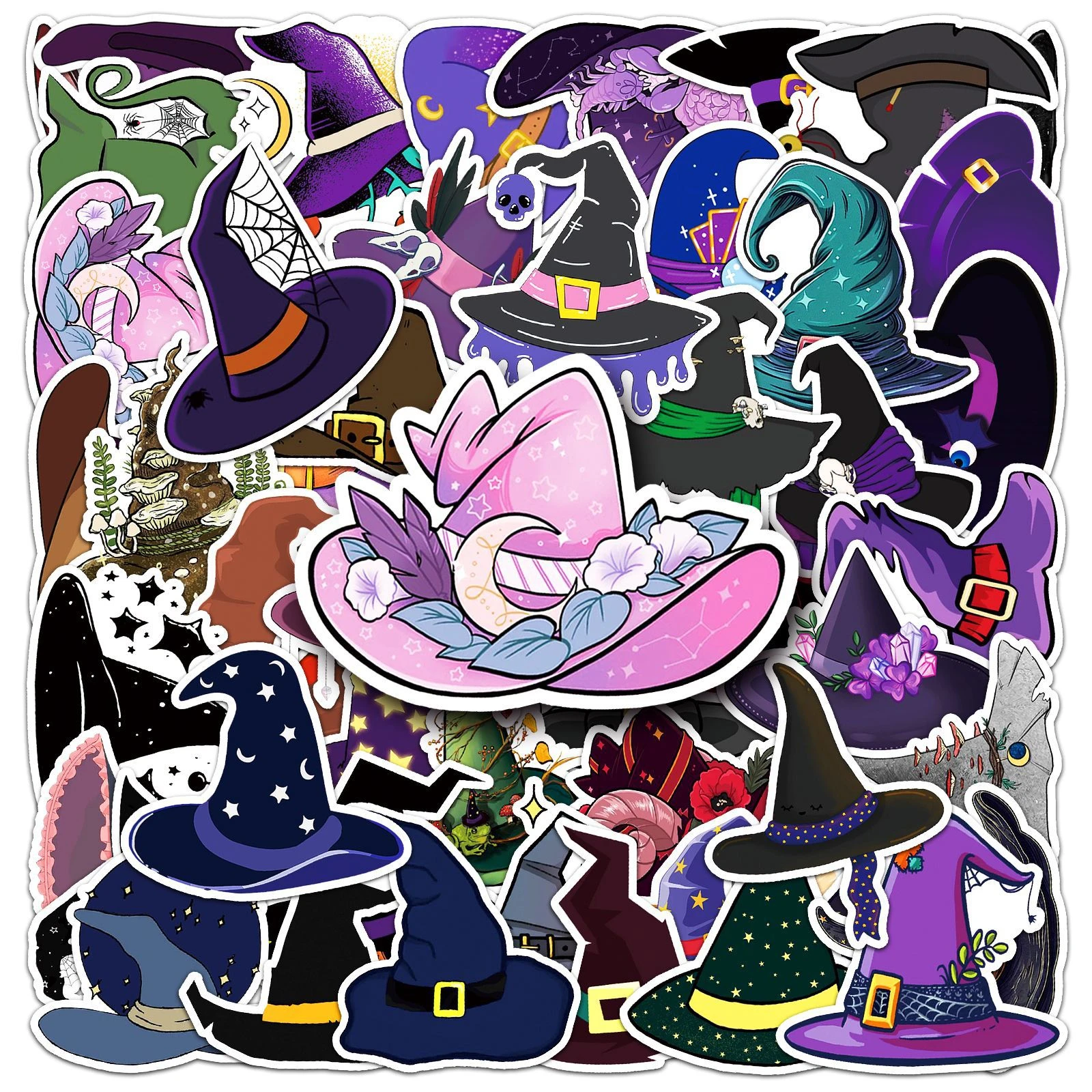 50pcs Witch Hat Stickers, Halloween Stickers, Cartoon Ghost Pumpkin Stickers, Gothic Decals, Waterproof Decorative Stickers