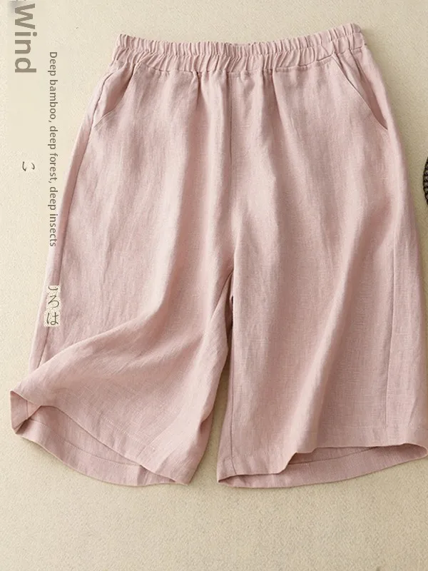 

High Waist Cotton Linen ort Pants Korean Sle Straight Leg Five-Point Pants Loose Elastic Waist Summer Casual Trousers