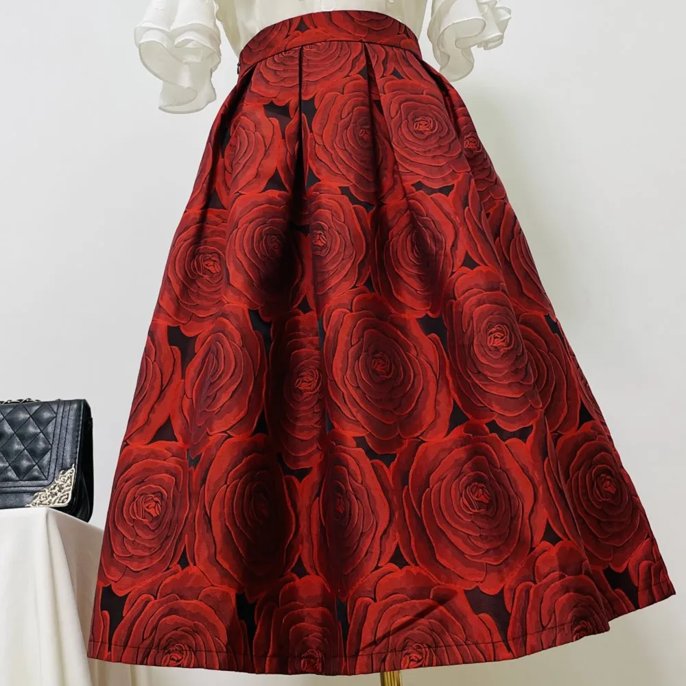 

Jacquard pleated skirt women spring/summer new flower high waist slim swing umbrella skirt