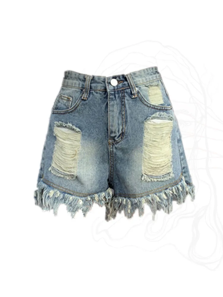 Korean Fashion Denim Shorts Women High Waist Blue Jeans Short Tassels Wide-Legged Hot Pants Retro Classical High Street Clubwear