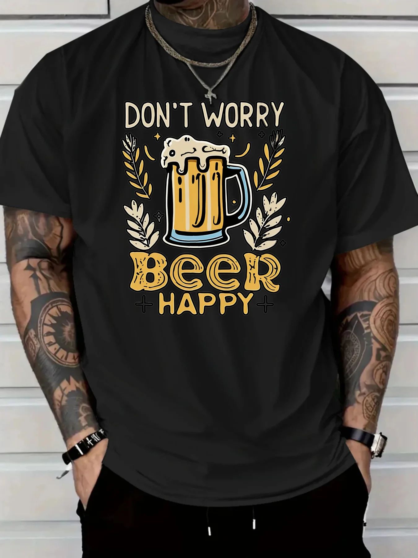 

Men's Funny Beer Lover T-Shirt Don't Worry Beer Happy Saying Lightweight Everyday Regular Fit Tee for Casual Wear
