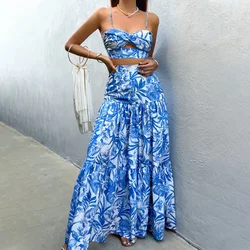 Two Piece Sets Women Dress Sets Skirts Set Print Floral A Line Long Skirt Sexy Sleeveless Strapless Elegant Party High Waist
