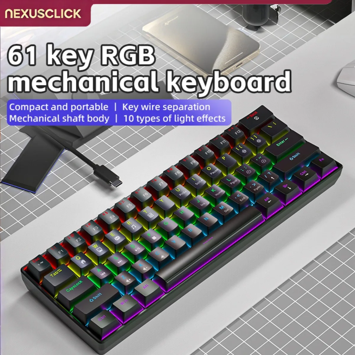 NexusClick 61 Keys Mechanical Gaming Keyboard Wired Type‑C Detachable RGB ABS Keycaps Portable Mini E‑sports Keyboard For Office