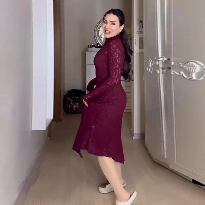 レディース エレガント レッド レース 長袖 ボディコン ミディ丈 ドレス スリムフィット おしゃれ イブニングドレス 2025 新作