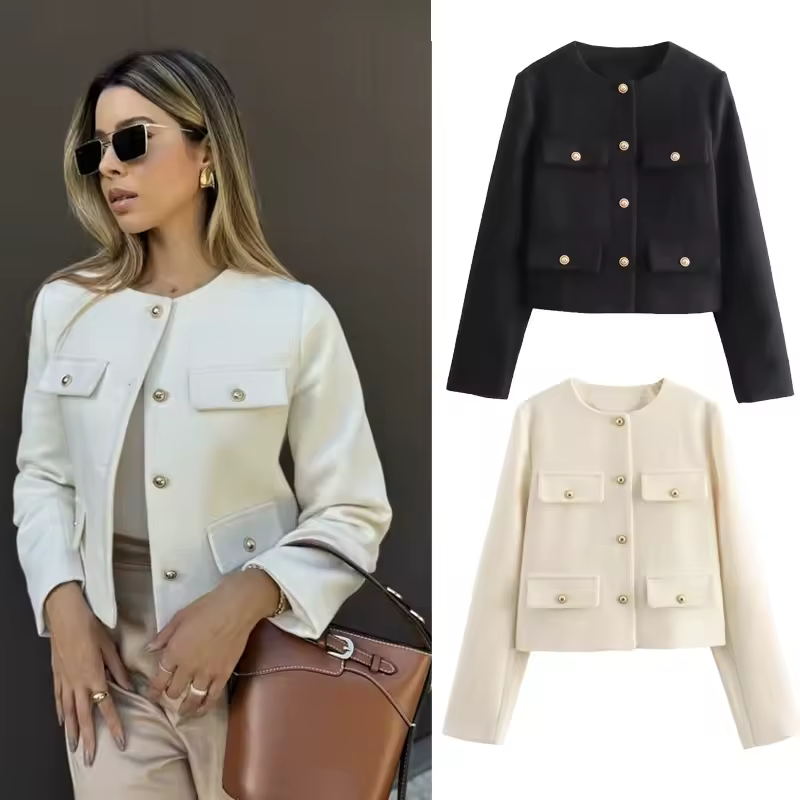 Traf 2024 recortado tweed jaqueta mulher casaco botão manga longa jaquetas elegantes para mulheres casacos curtos moda nova em outerwears