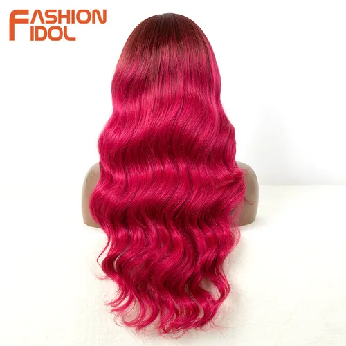 Imagen 2 del producto FASHION IDOL pelucas onduladas para el cuerpo de 26 pulgadas, pelucas de encaje con división C para Cosplay, pelucas frontales de encaje de fibra sintética rosa y roja resistente al calor para mujer