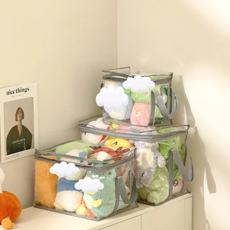 Transparent Zipper Storage Bag Stackable Storage Handle Bags Foldable Book Box Dust Proof Book Organizer Collapsible Clear Pouch
