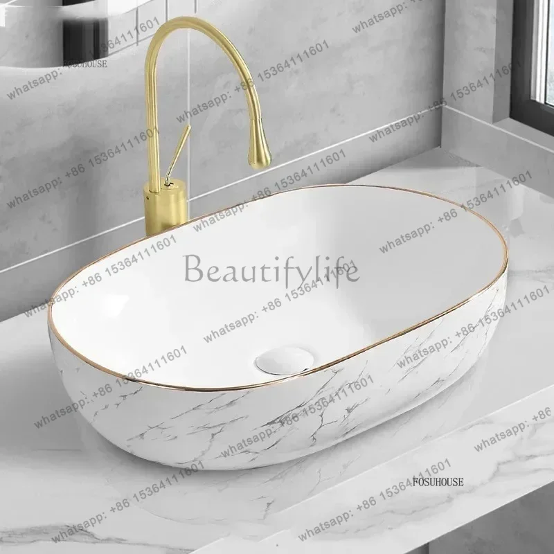 FG Nordic Round Ceramic Sinks Light Luxury Gold Edge Bathroom Sink Minimalist Above Counter Basin Marble Pattern Hotel Wash Basi