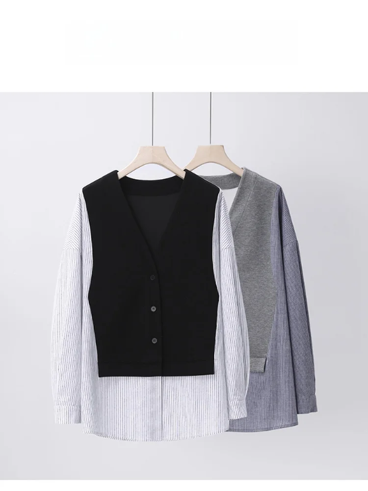 

plus Size Women's Casual Sle irt Fake Two-Piece Striped Color Blo Loose Fit Breathable Polyester Blend Long Sve Top