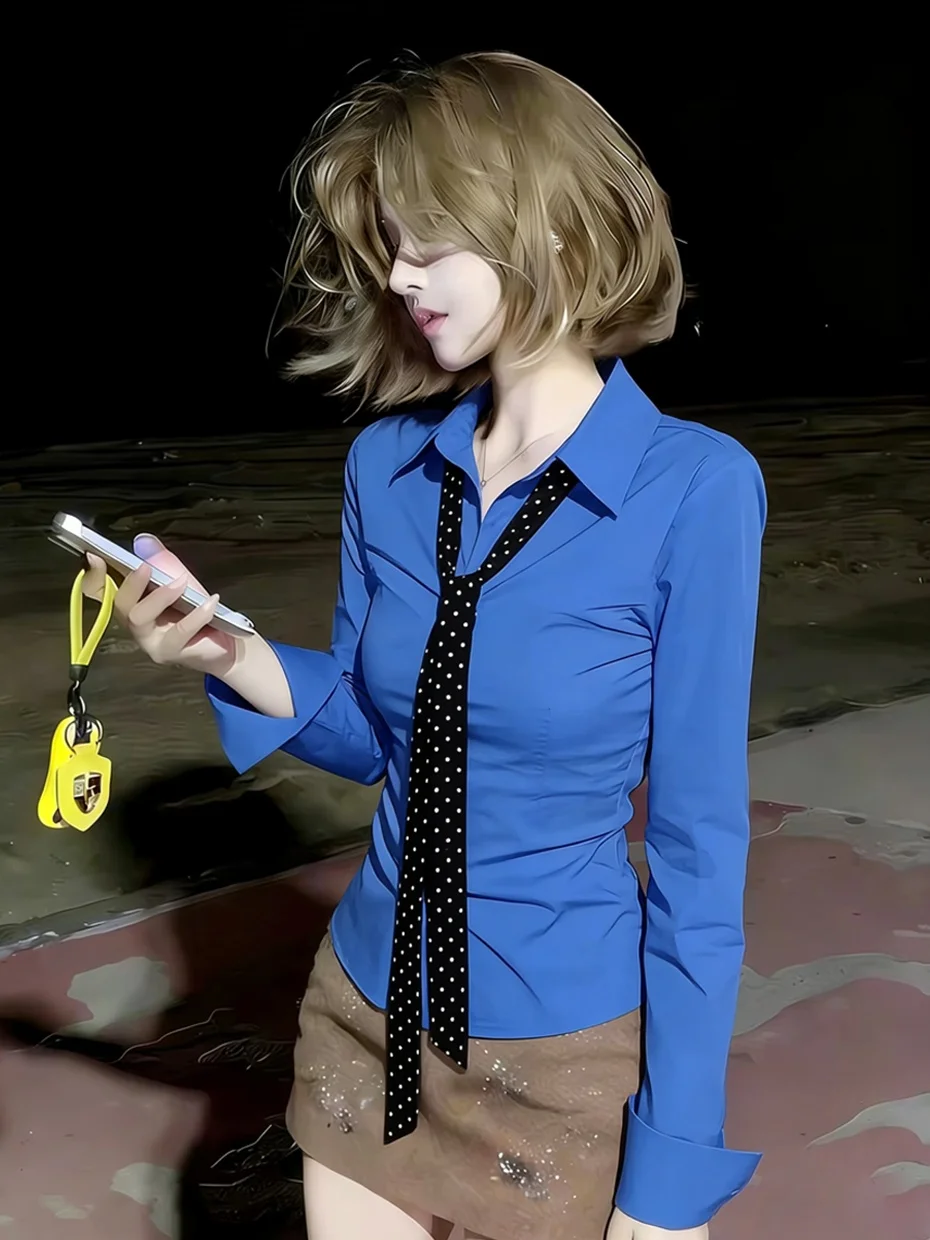 

Женская рубашка цвета Кляйн синий: элегантный приталенный крой с драпировкой на талии, корейский стиль, длинный рукав, полиэстер, дизайн для ранней весны